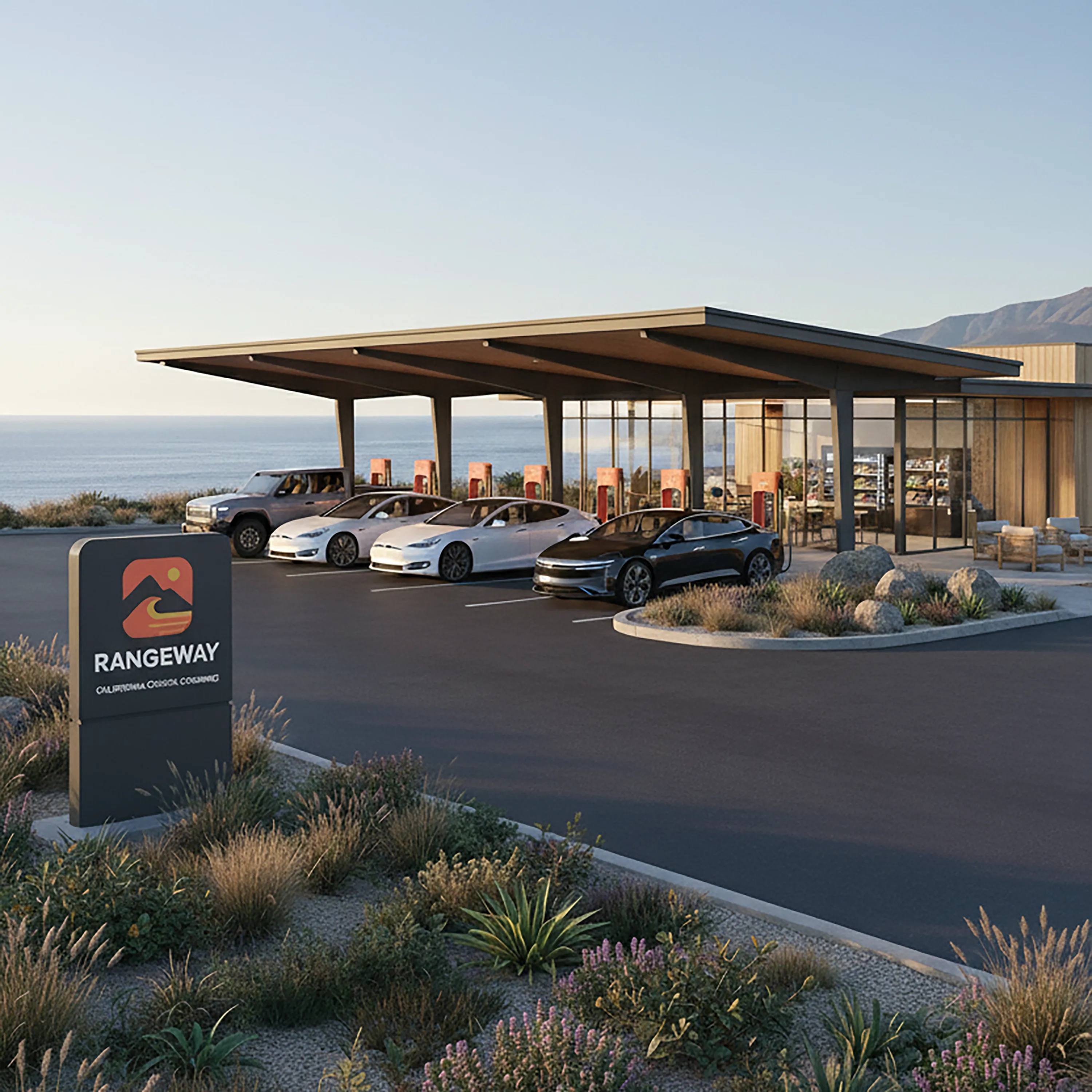 A Waystation exterior with charging canopy and driver's lounge