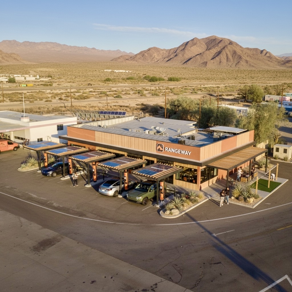 Aerial view of a desert Basecamp with solar canopy, battery storage, and driver's lounge beside the highway
