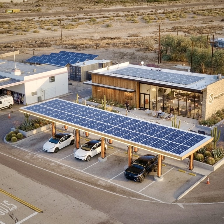 A Basecamp at dusk with a charging canopy and driver's lounge