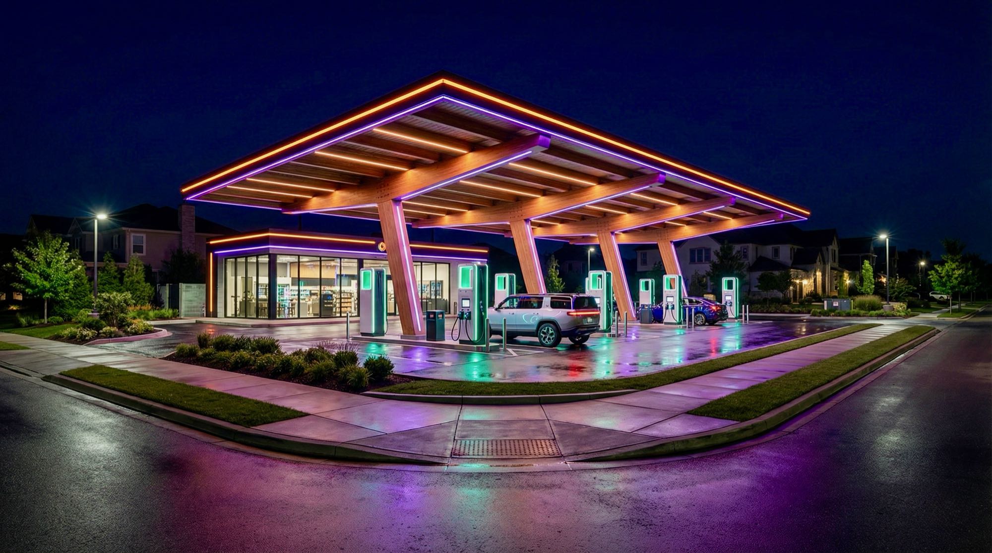 Concept rendering of a ChargeVia fast-charging stop illuminated at night beneath a timber canopy